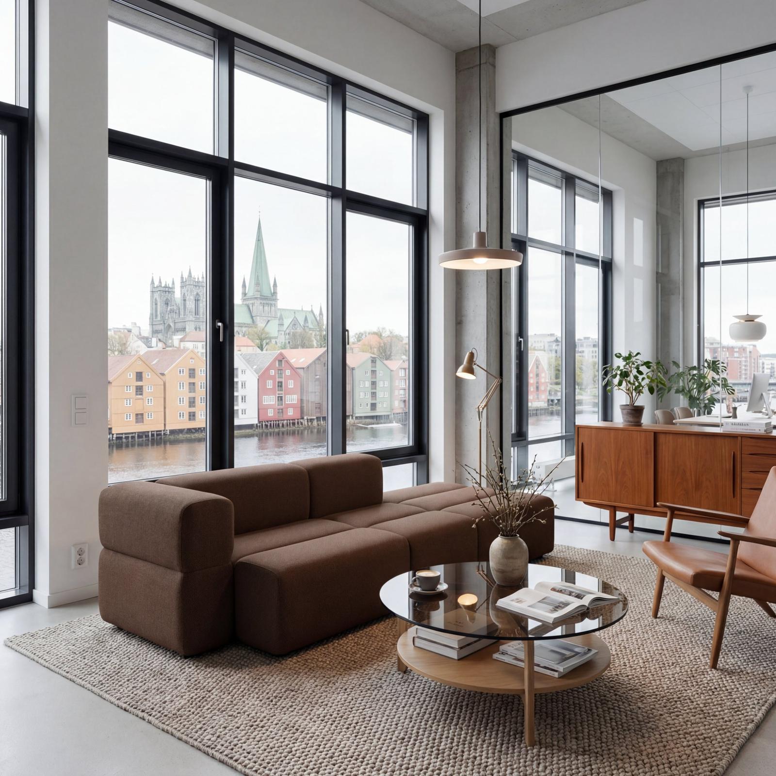 KEEEP-sofa i et arkitektkontor i Trondheim, med utsikt over Nidelva og Nidarosdomen.